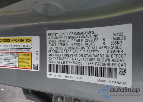 2022 Honda Civic Sport from USA, damaged, VIN 2HGFE2F57NH582953